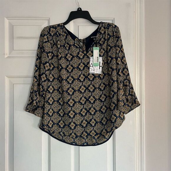 41 Hawthorn Tops - 41 Hawthorn Women's M Geometric Tie Neck Blouse Multicolor 3/4 Sleeve